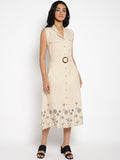 W Women Beige Floral Shirt Style Midi Dress