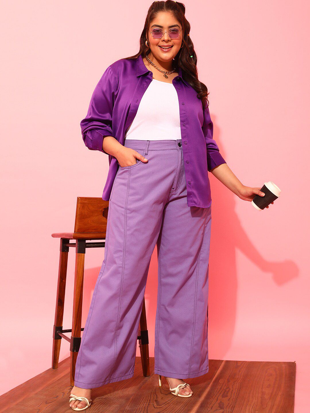 CURVY STREET Women Plus Size Lavender Relaxed Straight Leg Pure Cotton Trousers