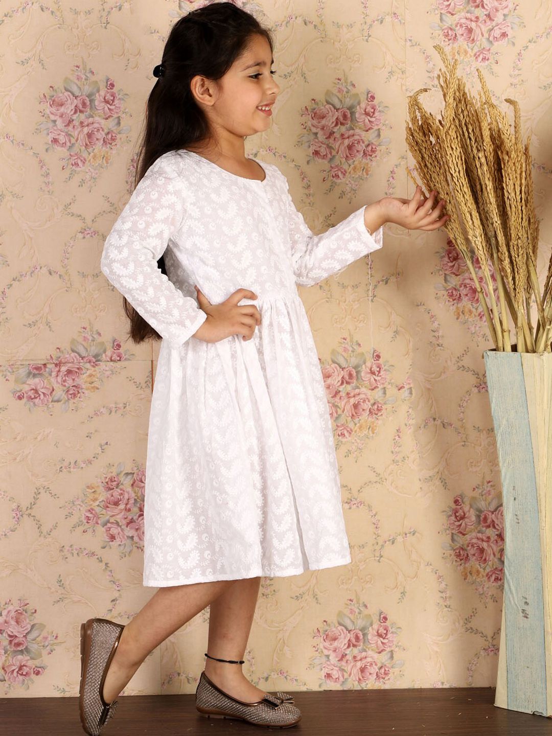 VASTRAMAY Girls White Chikankari Cotton Ethnic Dress