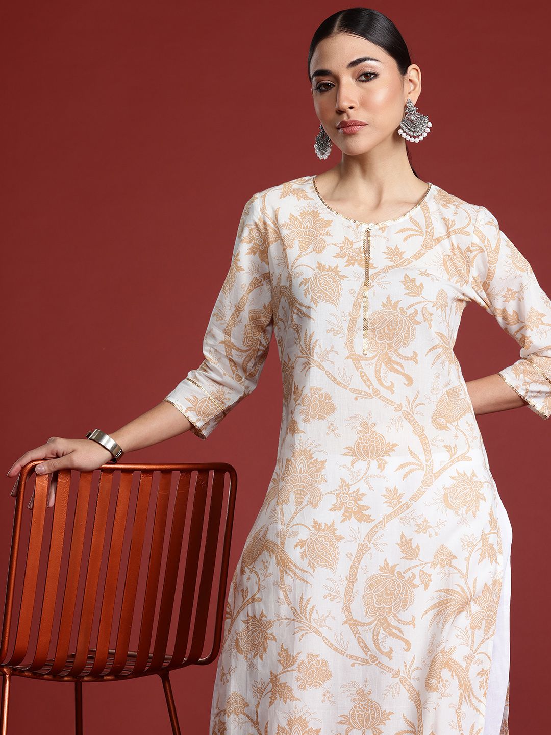 Indo Era Women Floral Printed Keyhole Neck Pure Cotton Kurta