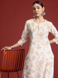 Indo Era Women Floral Printed Keyhole Neck Pure Cotton Kurta