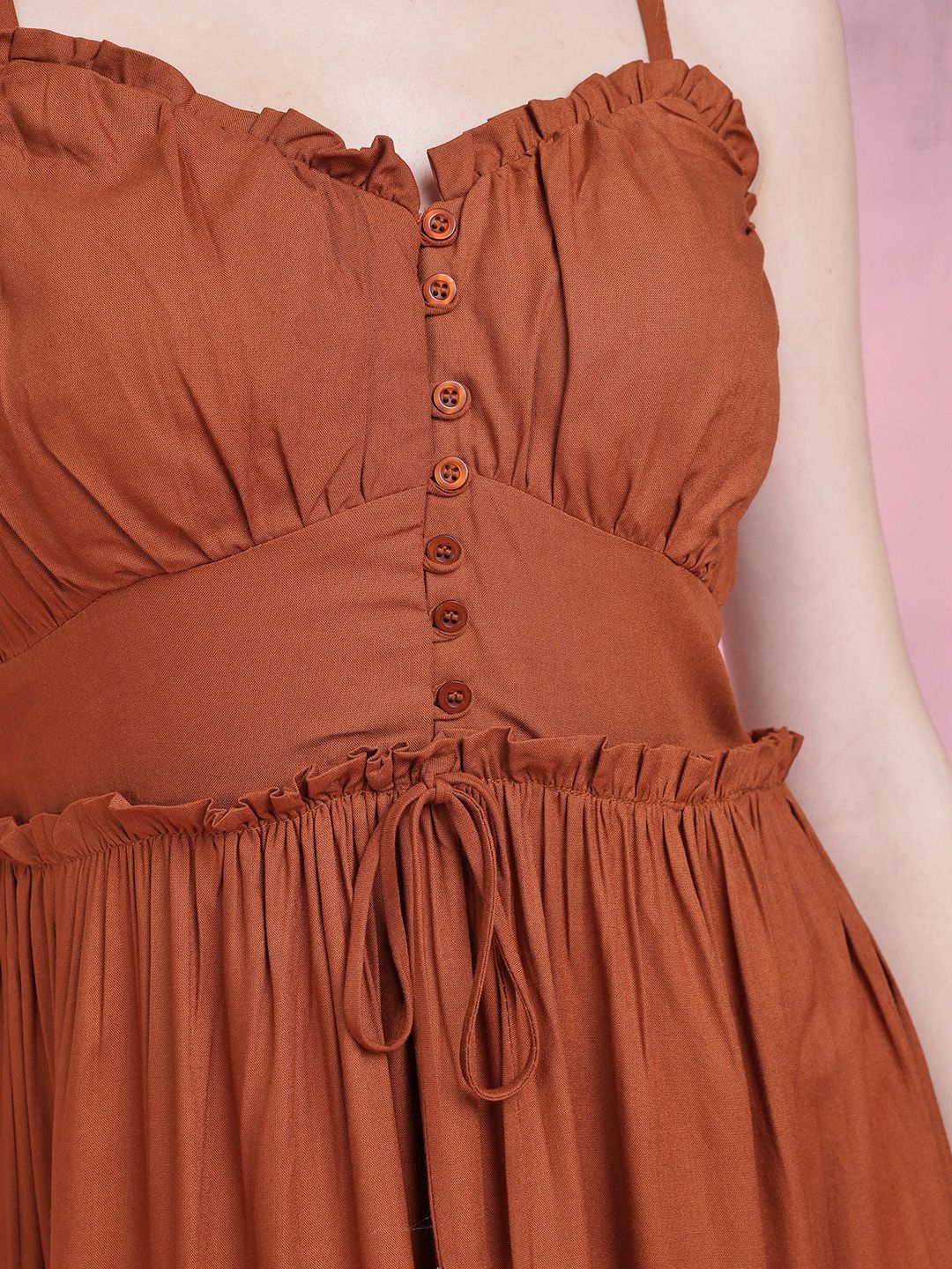 DressBerry Shoulder Straps Ruffle & Tie-Up Detail Midi Empire Dress