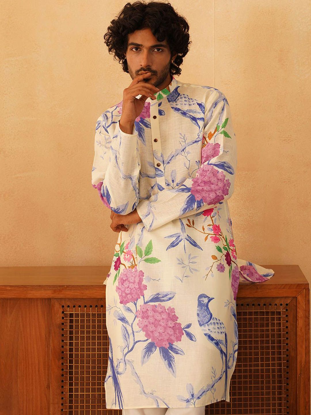Jompers Floral Printed Band Collar Pure Cotton Straight Kurta