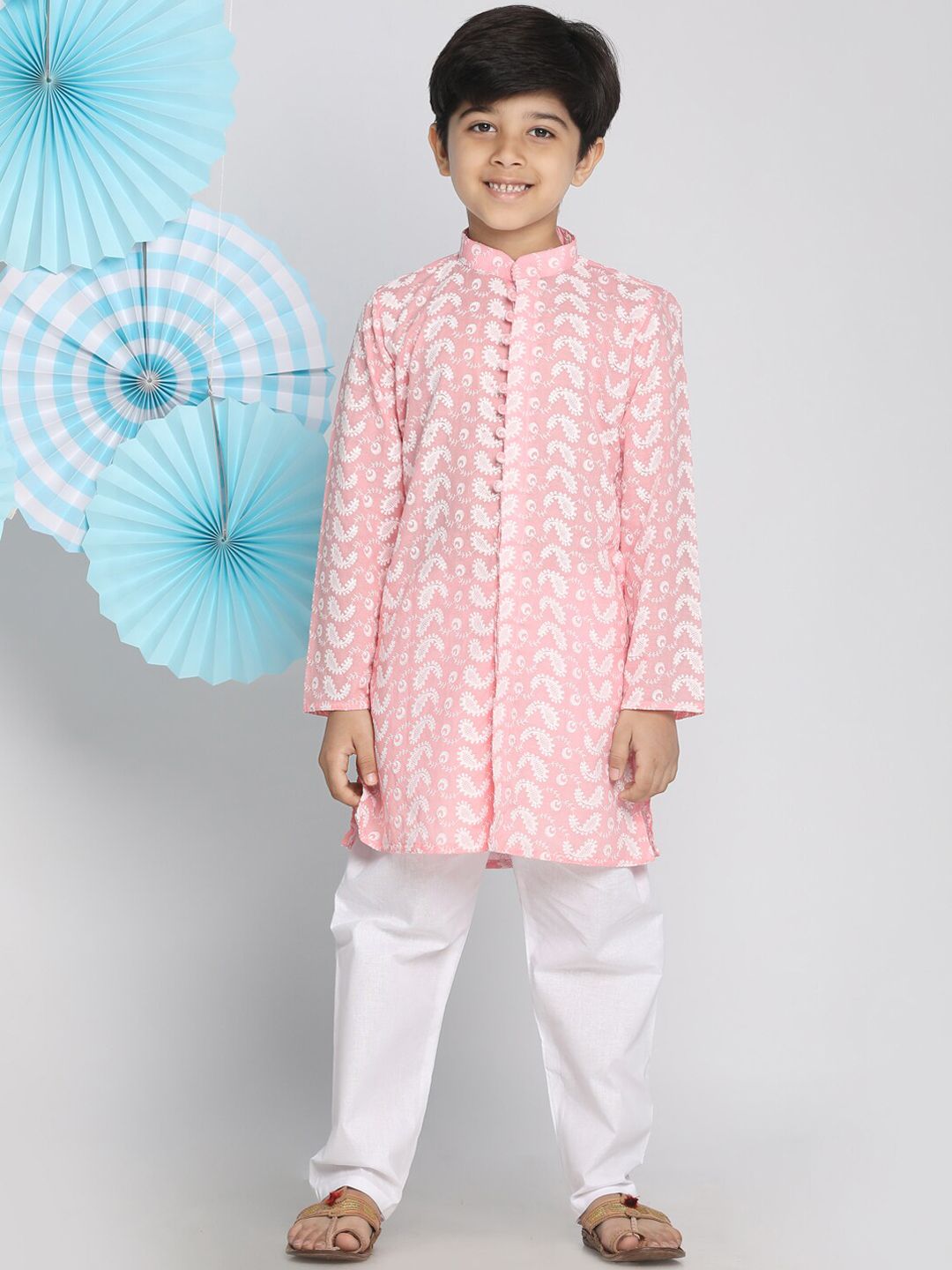 VASTRAMAY Boys Pink Embroidered Regular Pure Cotton Kurta with Pyjamas