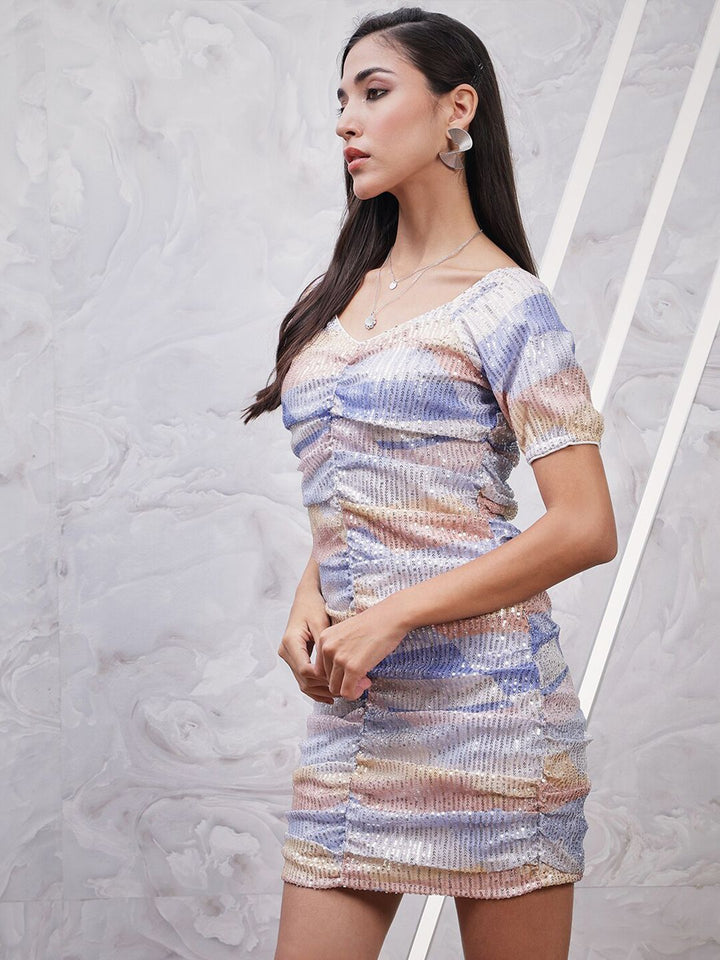 Athena Printed Embellished Sweetheart Neck Bodycon Ruched Dress