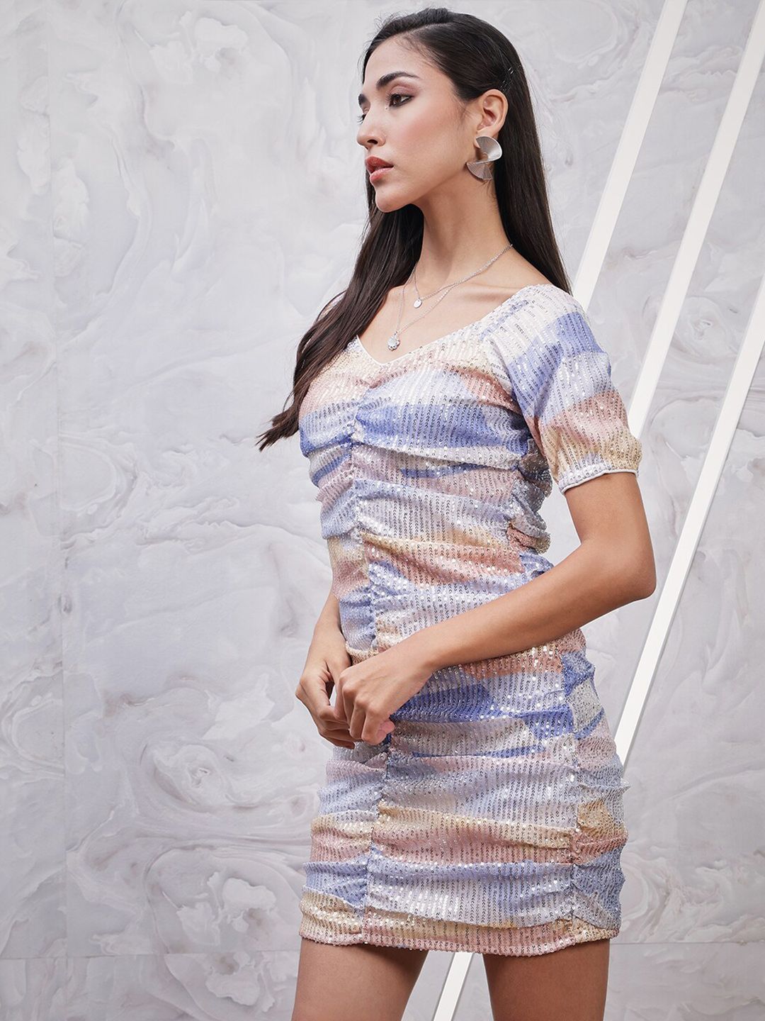 Athena Printed Embellished Sweetheart Neck Bodycon Ruched Dress