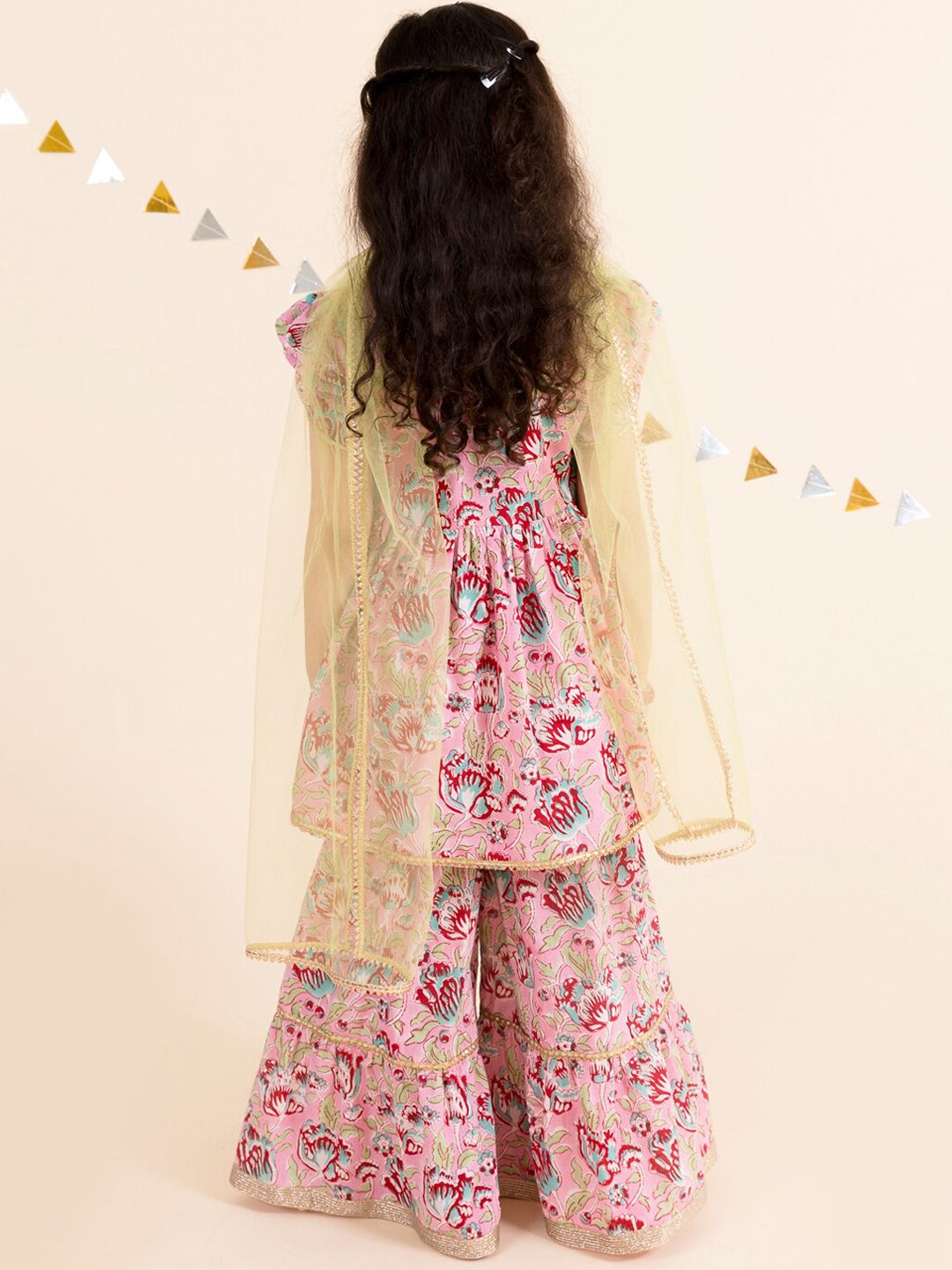 pspeaches Girls Pink Floral Printed Gotta Patti Pure Cotton Kurti with Palazzos With Dupatta