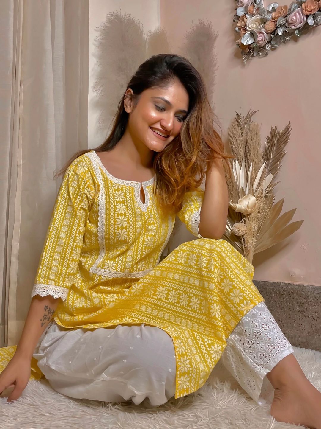 Libas Women Yellow & White Block Print Straight Kurta
