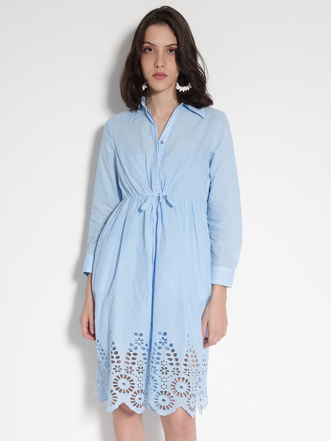 RAREISM Shirt Collar Cuffed Sleeves Cotton Fit & Flare Dress