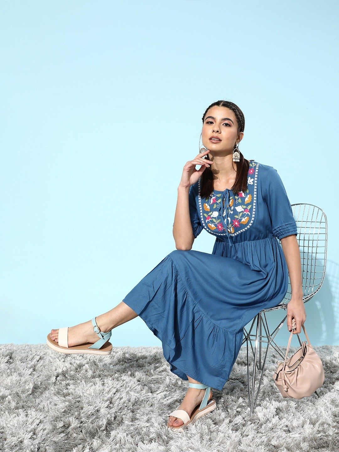 DressBerry Women Stunning Blue Floral Tiered Dress