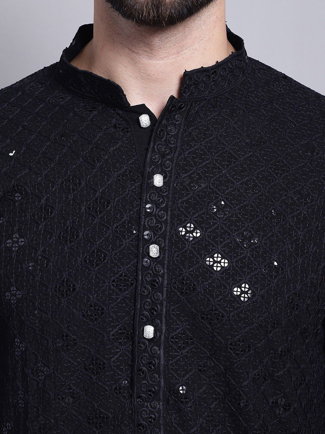 SOJANYA Embellished Mandarin Collar Sequinned Pure Cotton Kurta