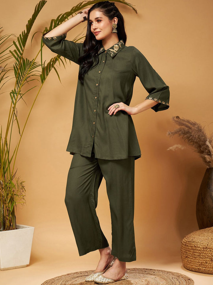 Shae by SASSAFRAS Zari Embroidered Shirt Collar Tunic Top With Palazzos Co-Ords