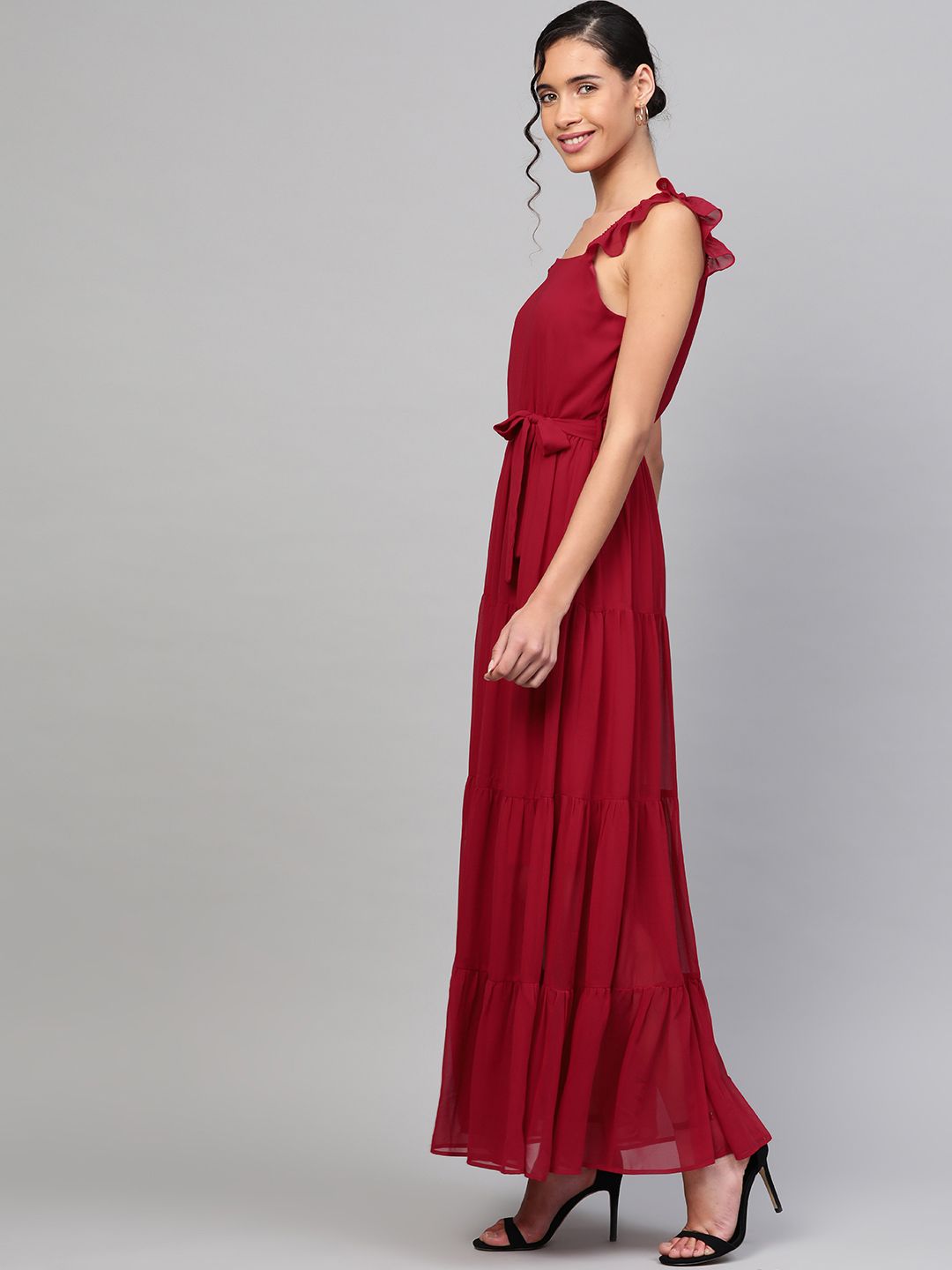 SASSAFRAS Maroon Tiered Maxi Dress