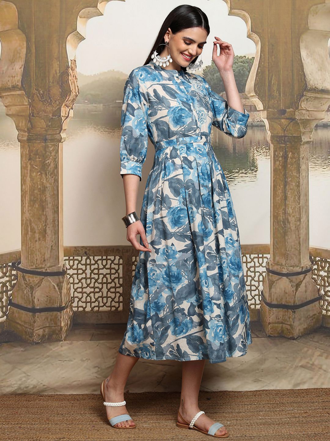 Vishudh Floral Print A-Line Midi Dress