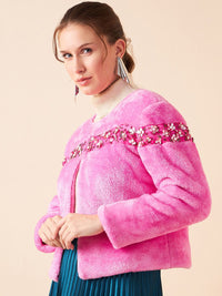 Antheaa Pink Self Design Collarless Long Sleeves Studded Tailored Jacket