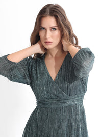 RAREISM Self Design Cuffed Sleeves Fit & Flare Midi Dress