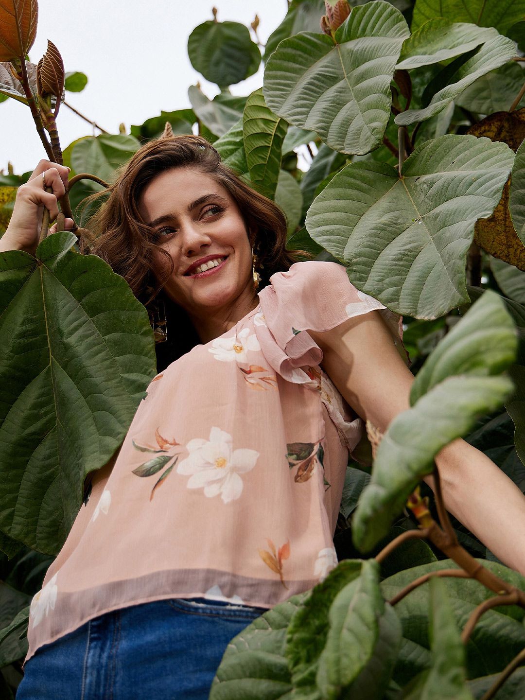 SASSAFRAS Floral Printed Flared Sleeves Chiffon Top