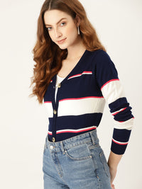 DressBerry Women Navy Blue & White Striped Cardigan