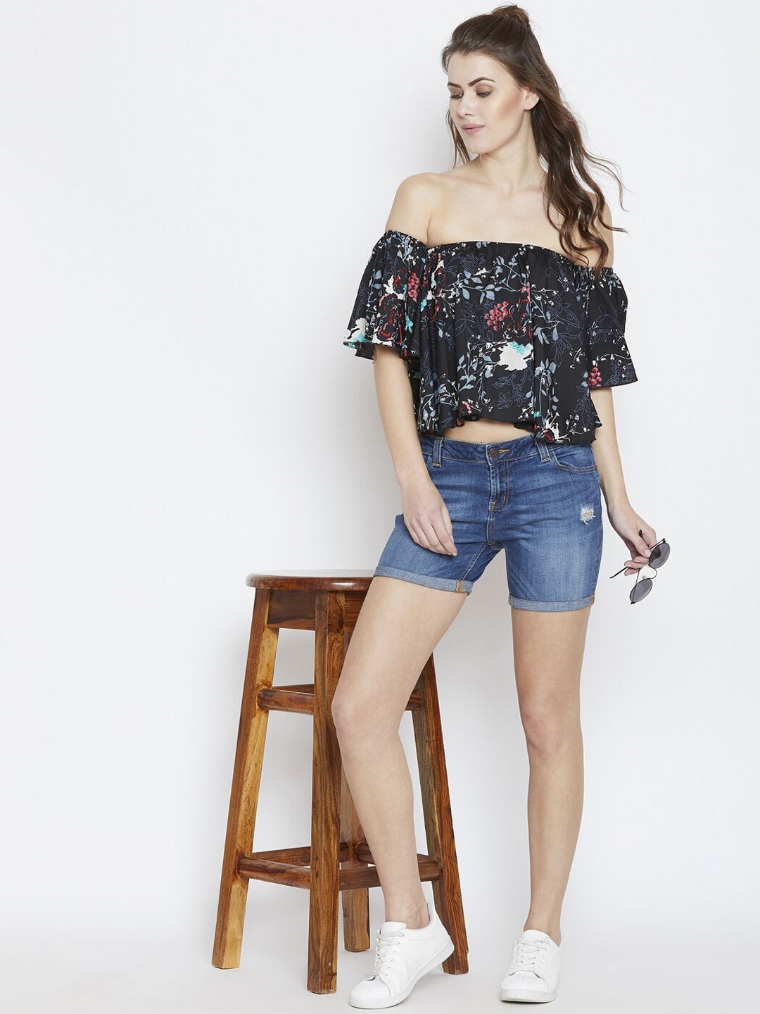 Berrylush Black & Blue Floral Off-Shoulder Flared Sleeves Crepe Bardot Crop Top