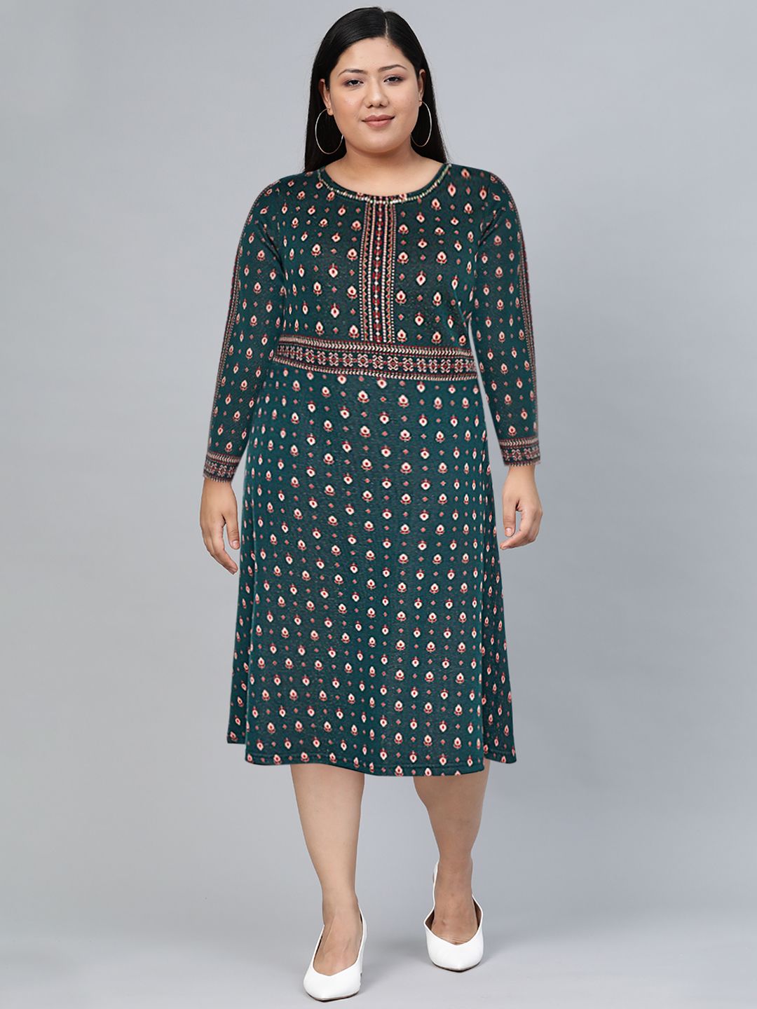 Global Desi Ethnic Motifs Printed A-Line Midi Dress