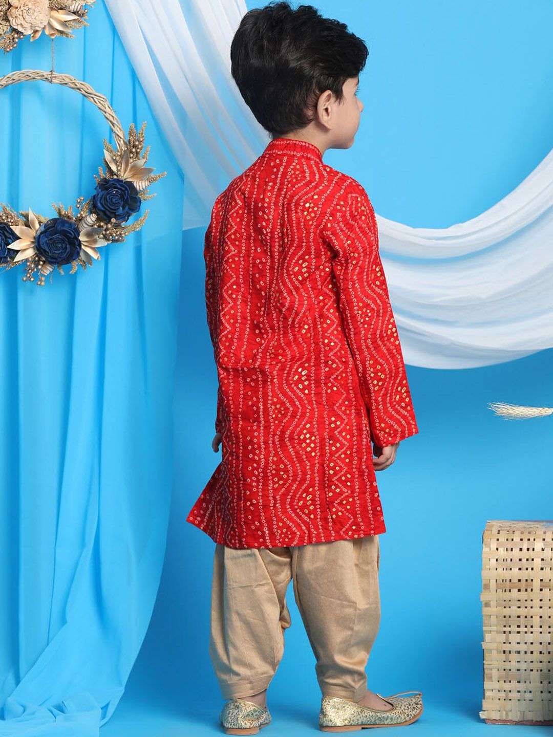 VASTRAMAY Boys Red Bandhani Printed Kurta with Dhoti Pants