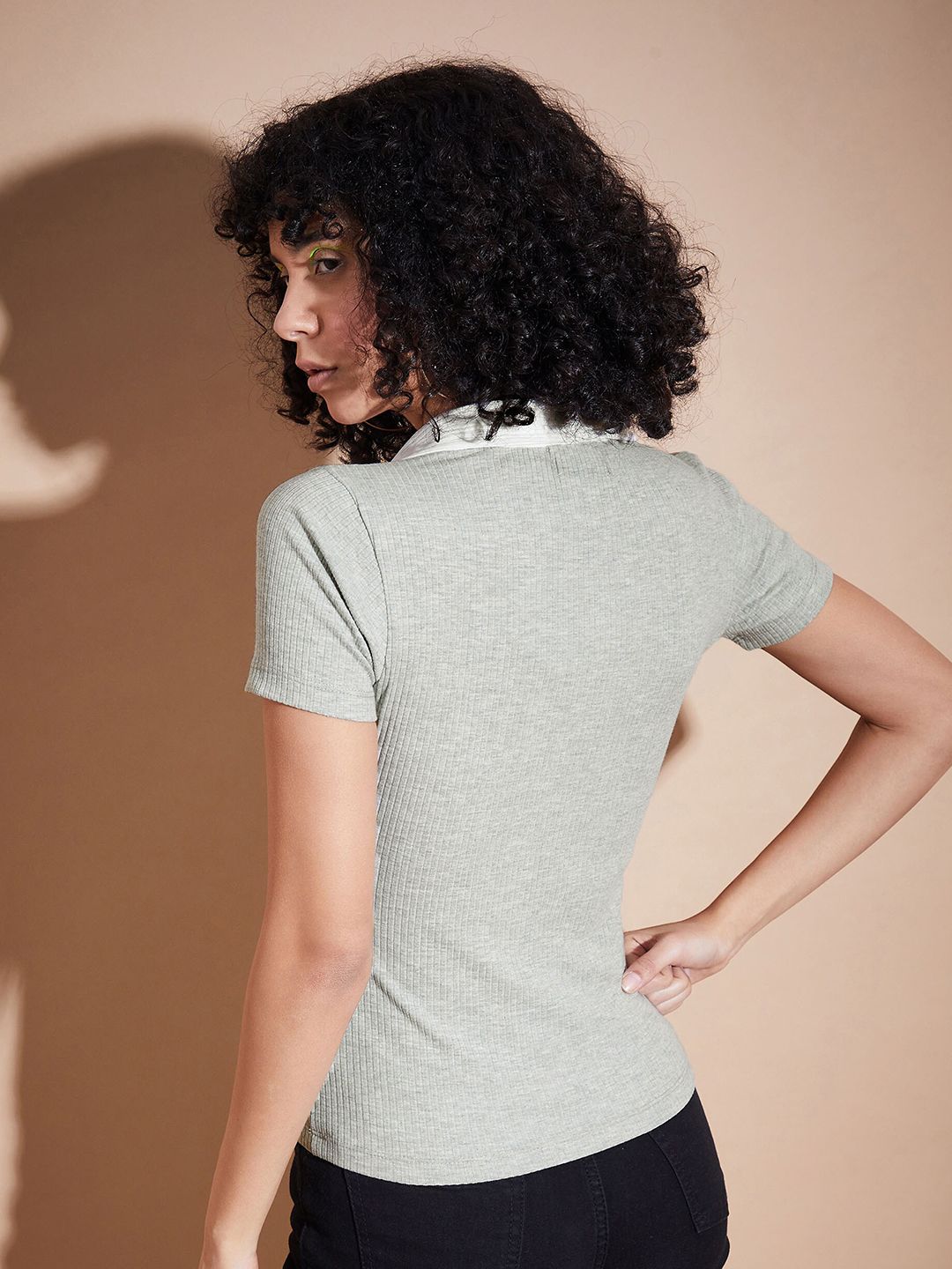 SASSAFRAS BASICS Shirt Collar Ribbed Fitted Top