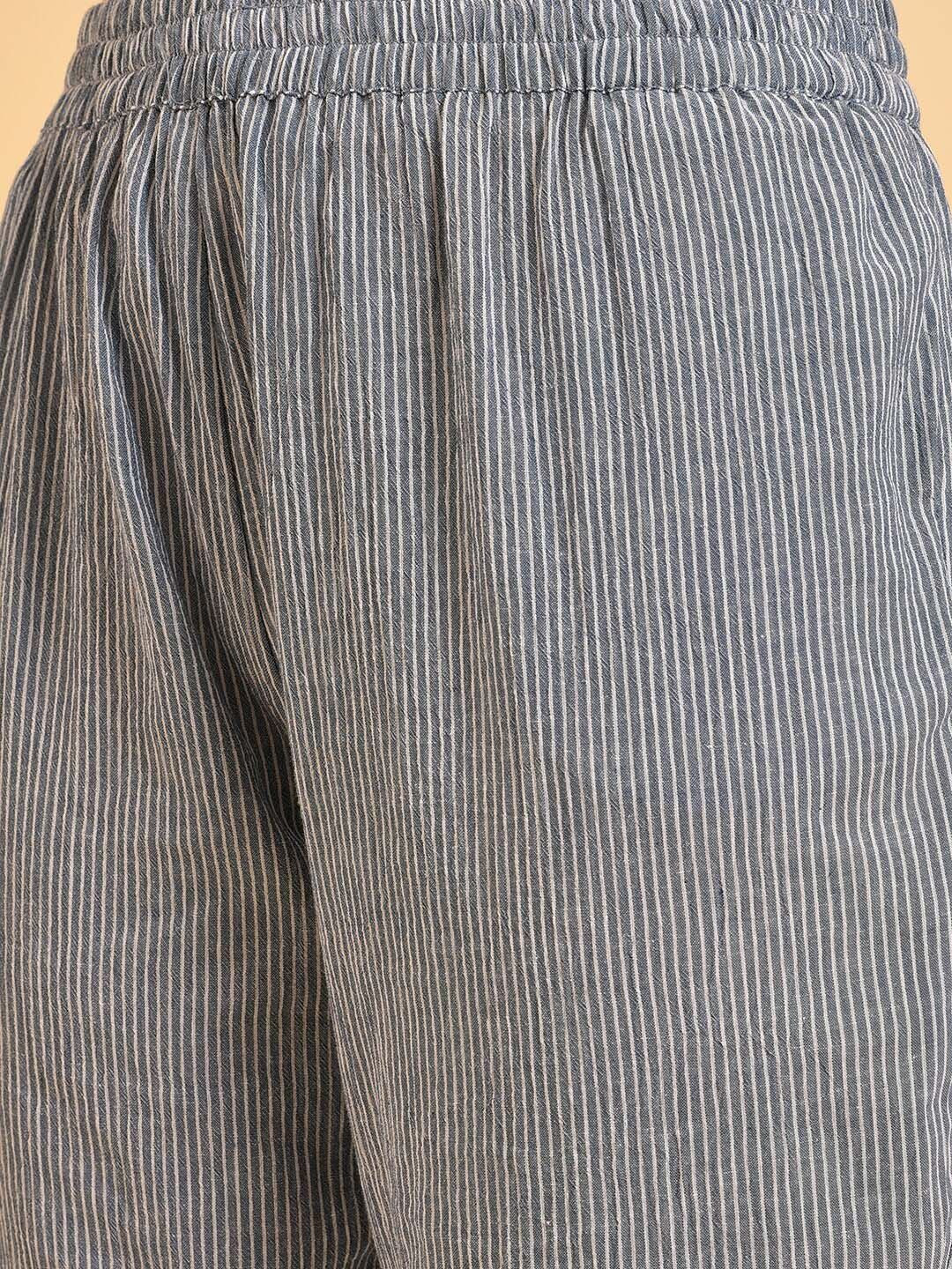 W Blue & White Striped Thread Work A-Line Pure Cotton Kurta with Trousers