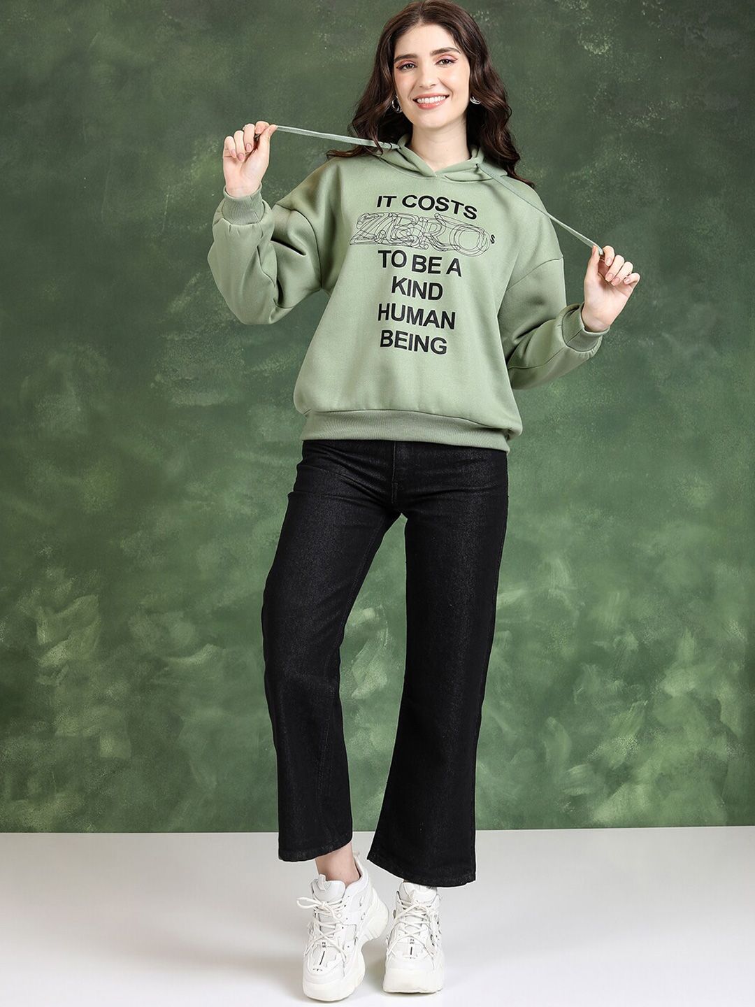 Tokyo Talkies Green Typography Printed Hooded Sweatshirt