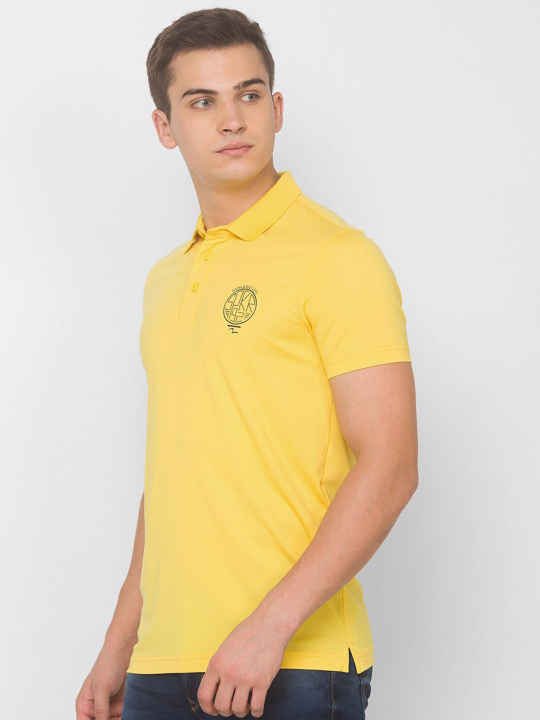 SPYKAR Men Yellow & Black Typography Printed Polo Collar Slim Fit T-shirt