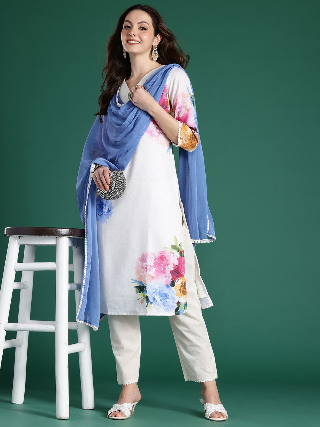 Indo Era Floral Printed Beads and Stones Linen Kurta with Trousers & With Dupatta