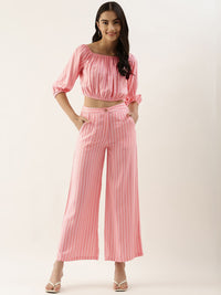 AND Women Pink & Off White Striped Fringed Crop Top with Palazzos