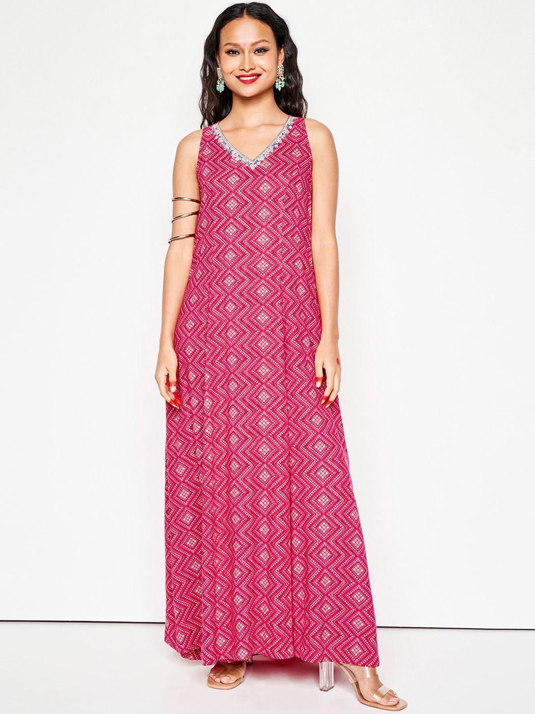 Global Desi Ethnic Printed Thread Work Fit & Flared Maxi Ethnic Dress