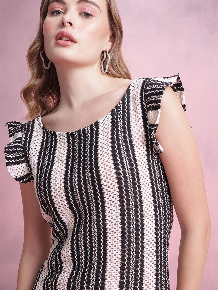 DressBerry Striped Flutter Sleeve Crochet A-Line Mini Dress