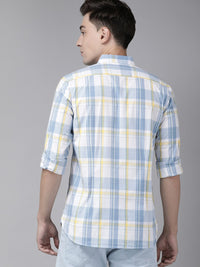 THE BEAR HOUSE Men White & Blue Classic Slim Fit Checked Pure Cotton Casual Shirt