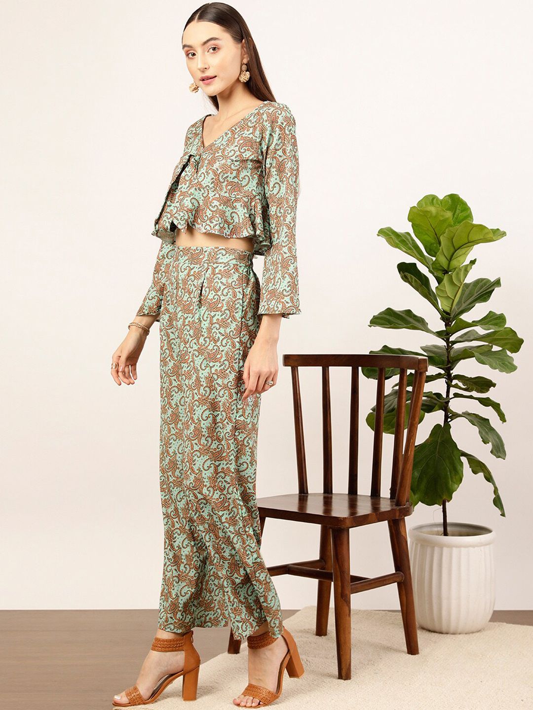 STREET 9 Green Floral Printed V-Neck Top & Palazzos