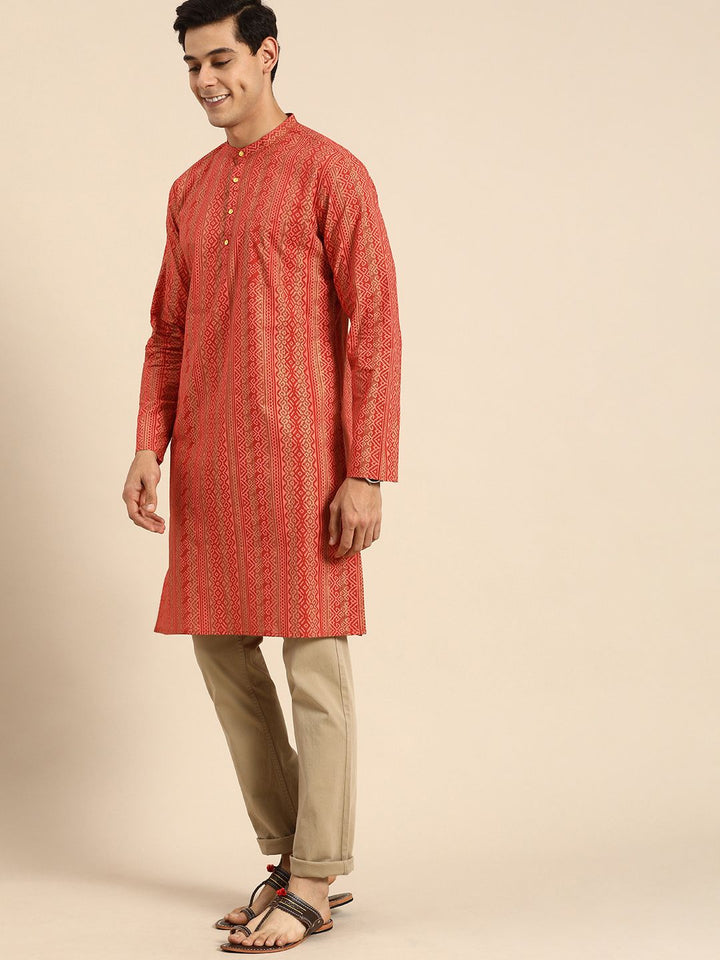 Anouk Men Orange & Gold-Toned Ethnic Motifs Printed Pure Cotton Kurta
