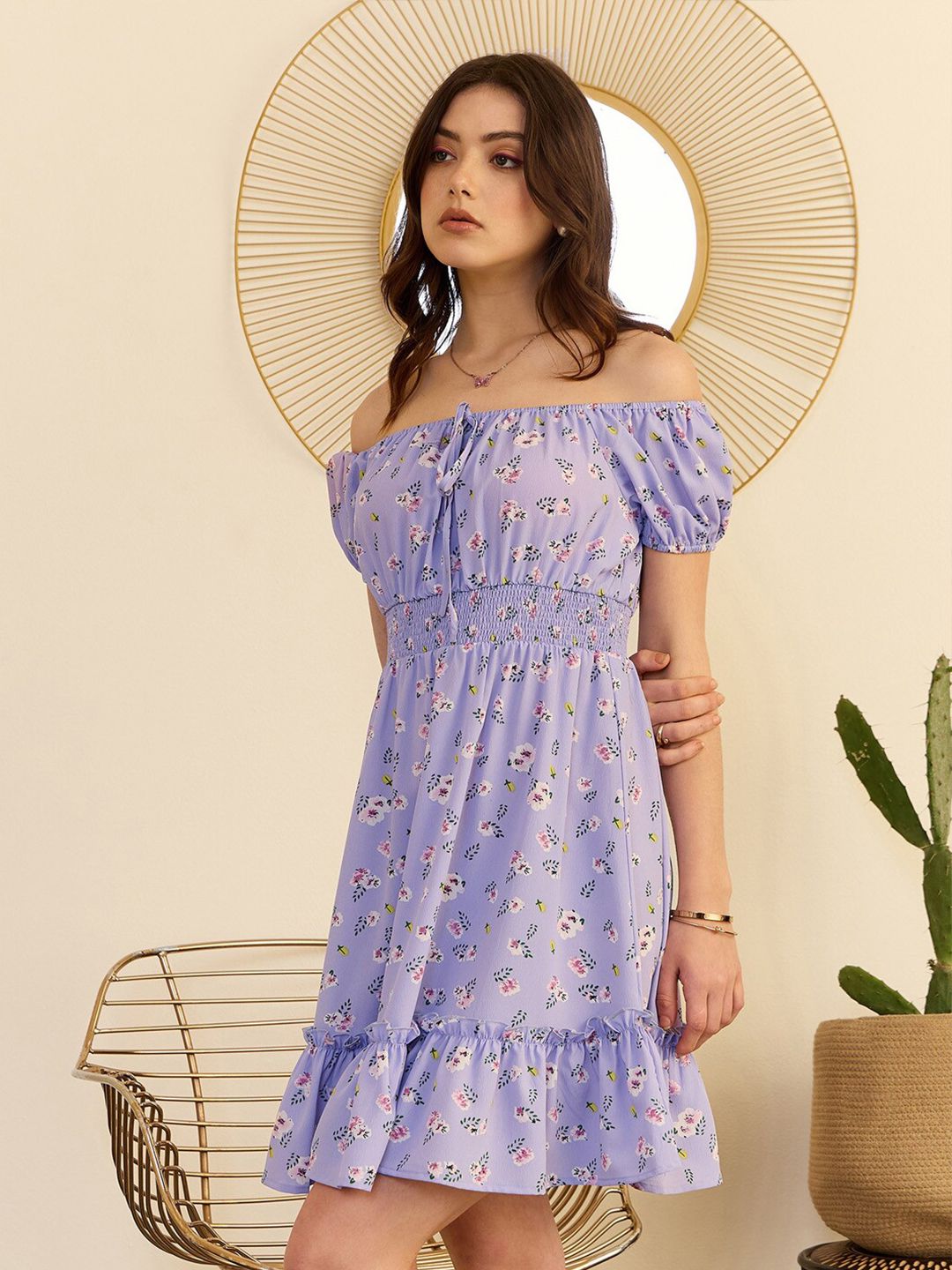 Berrylush Purple Floral Print Off-Shoulder Smocked Fit & Flare Dress