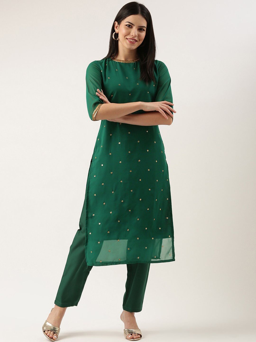 KALINI Embroidered Sequinned Straight Kurta & Trousers