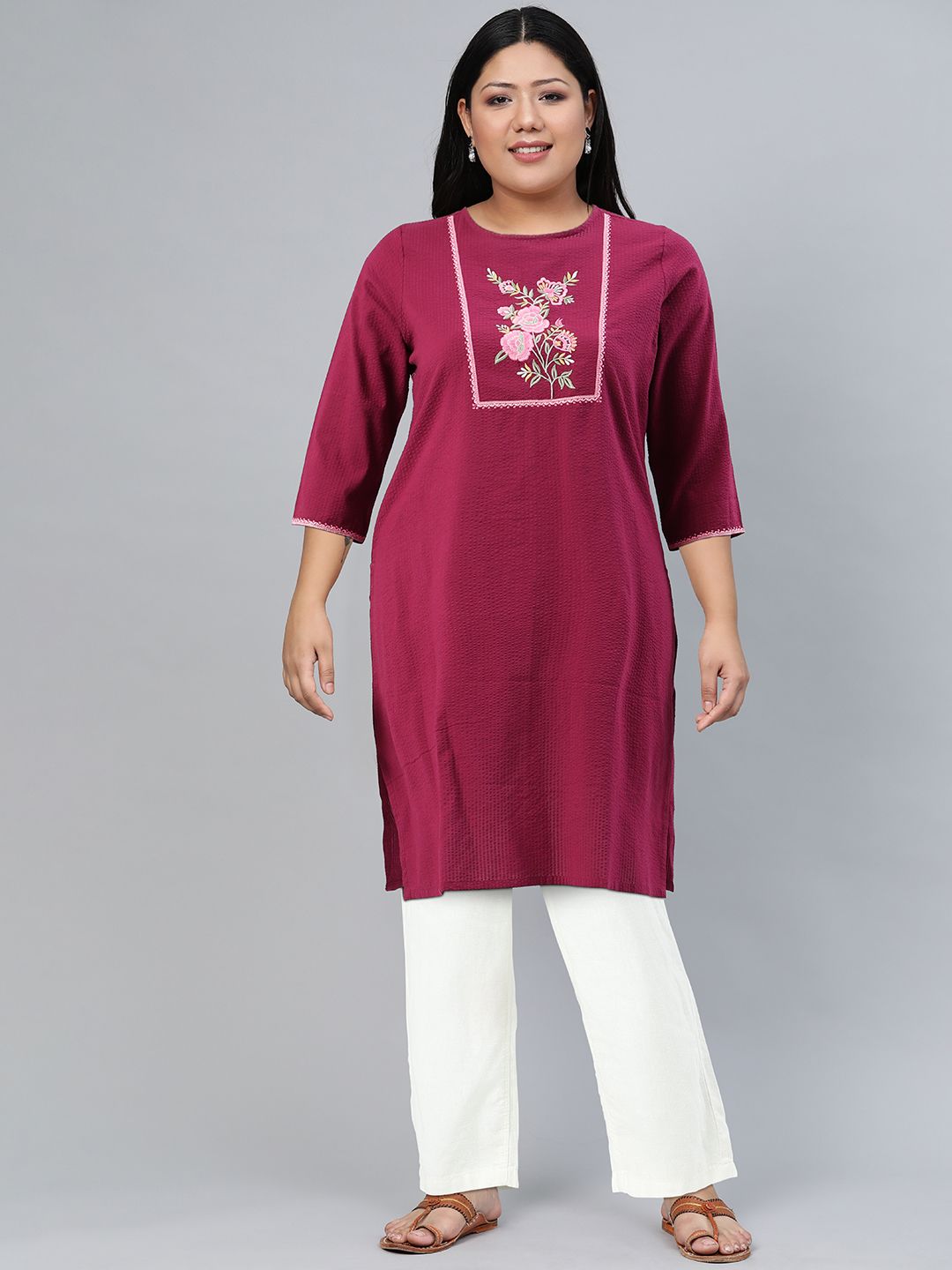 Global Desi Round Neck Embroidered Cotton Kurta