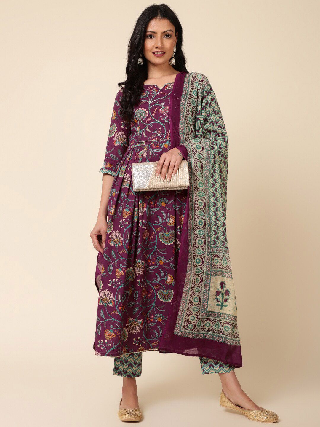 Bani Women Floral Printed A-Line Pure Cotton Kurta with Trousers & Dupatta