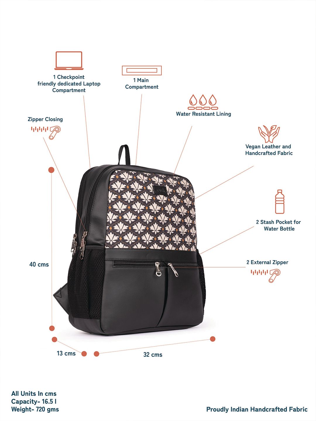 ZOUK Women Ethnic Printed Vegan Leather Backpack With Compression Straps-Up to 16 inch