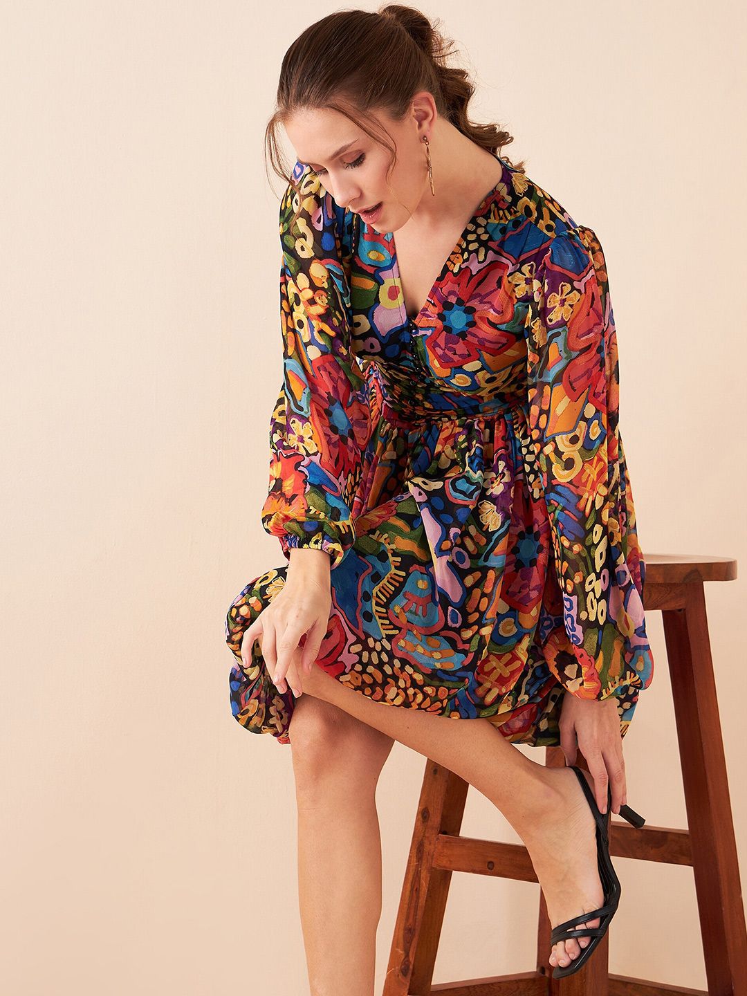 Antheaa Abstract Printed V-Neck Puff Sleeves Fit & Flare Above Knee Dress