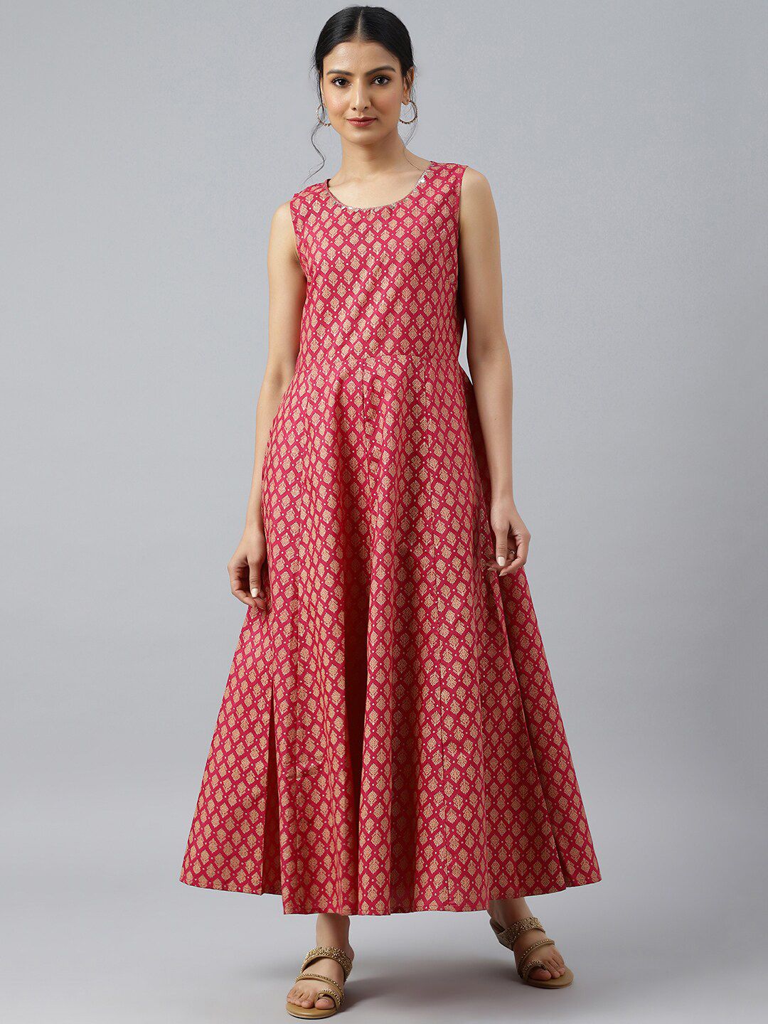 W Pink Ethnic Motifs Chiffon Ethnic Maxi Dress With Tie-Up Waist Coat