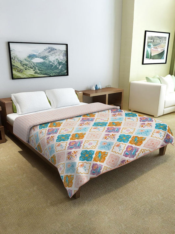 Cortina Beige & Blue Geometric Microfiber AC Room Reversible Double Bed Dohar