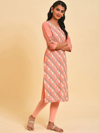 W Ethnic Motif Printed Keyhole Neck Thread Work Pure Cotton Kurta