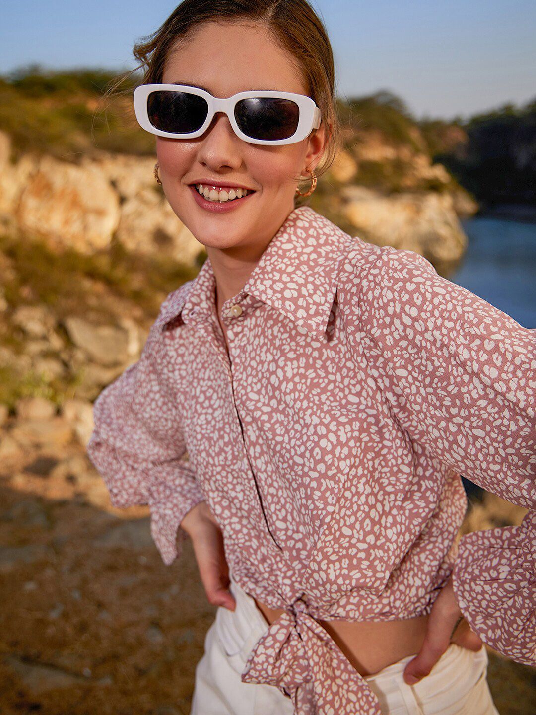 Athena Abstract Printed Shirt Style Knot Top