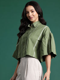 DressBerry Women Boxy Flared Sleeves Striped Casual Pure Cotton Shirt