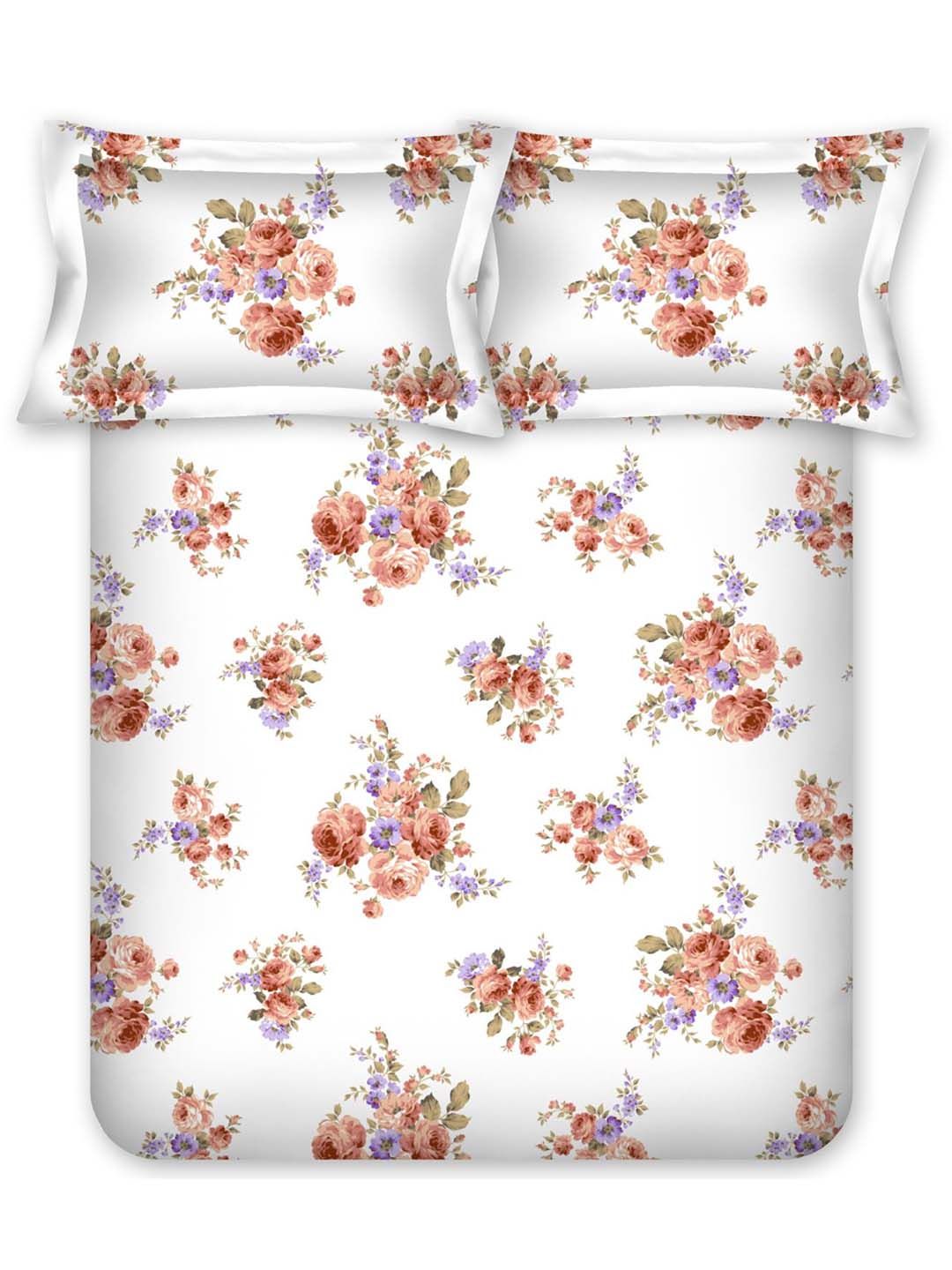 BOMBAY DYEING Rust & White Floral Pure Cotton 164 TC Queen Bedsheet With 2 Pillow Covers