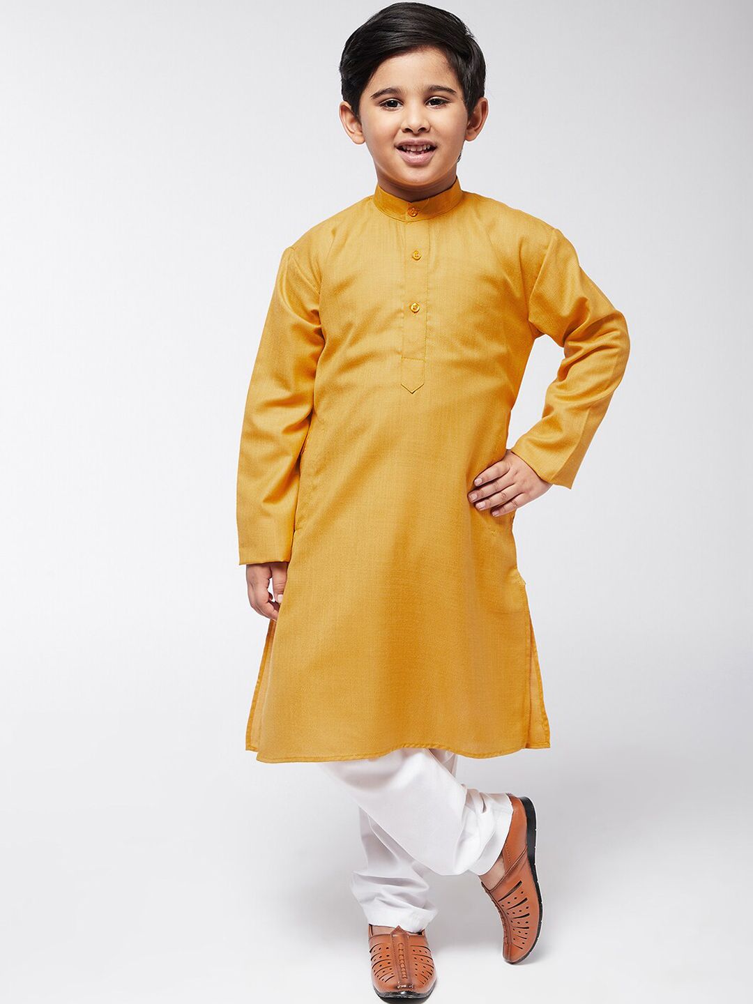SOJANYA Boys Mustard Yellow Cotton Silk Thread Work Kurta