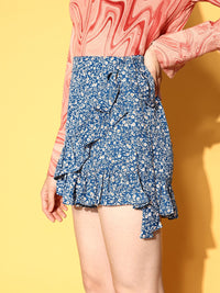 Berrylush Blue Floral Indie Wrap Skirt